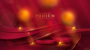 Red product display podium with golden ribbon and 3d ball element and blur and bokeh decoration. vector