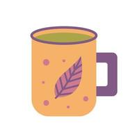 Tea mug decorated with leaf, vector flat illustration