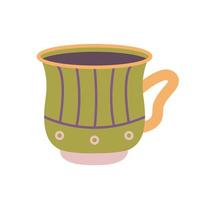 Green mug with coffee or tea decorated with patterns, vector illustration in flat style