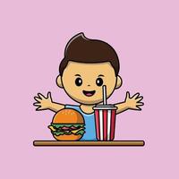 lindo chico con hamburguesa y soda dibujos animados vector icono ilustración. concepto de icono de comida de personas vector premium aislado. estilo de dibujos animados plana