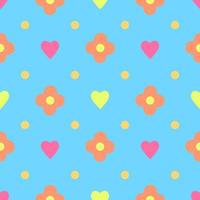 Geometric flower, hearts on blue colorful background. Design template. Simple modern graphic. Spring or summer decoration. Seamless vector pattern. Easter wrapping.