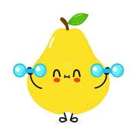 Cute funny pear character with dumbbells. Vector hand drawn cartoon kawaii character illustration icon. Isolated on white background. Pear character gym concept