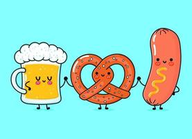 Cute, funny happy glass of beer, pretzel and sausage with mustard. Vector hand drawn cartoon kawaii characters, illustration. Funny cartoon glass of beer, pretzel and sausage mustard mascot friends