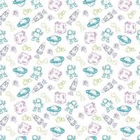 Space seamless pattern print design for kids with ccosmic galaxy texture and doodl rockets, tars, planets, spaceships. vector