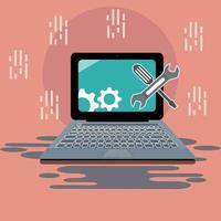 Laptop with wrench and screwdriver on screen computer. Repair service concept vector illustration