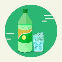 botella de pet de soda de limón y en el vaso con cubitos de hielo ilustración vectorial vector