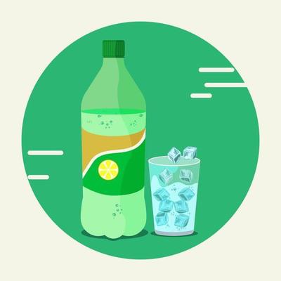 Lemon soda PET bottle and on the glass with ice cubes vector illustration