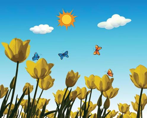 tulips flowers field sky.eps Tulips flowers seamless border. Blooming tulips in green grass isolated on white background. Vector illustration of red bright spring flowers in cartoon flat style.