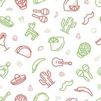 Seamless green and red outline icons of Mexican things vector