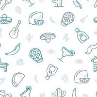 Seamless pattern of blue outline Mexican icons on transparent background vector