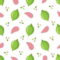 Seamless pattern with large lime fruits and pink leaves. Botanical vector illustration on a pink background for printing on clothing, textiles, paper, fabric, packaging.