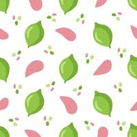 Seamless pattern with large lime fruits and pink leaves. Botanical vector illustration on a pink background for printing on clothing, textiles, paper, fabric, packaging.