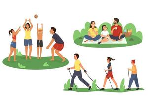 A set of active family on vacation. Dad, mom and children play sports, talk, play volleyball, do Nordic walking, sit on a picnic. Family weekend. Vector illustration in a flat style