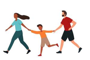 A family runs together holding hands on a white isolated background. Father, mother and son play sports together. Flat vector illustration