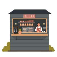 The barista makes coffee in the coffee shop. Shop window. Vector flat illustration on a white isolated background