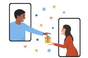 A young man and a woman hold out their hands to the gift through the phone screen. Vector flat illustration on a white isolated background.