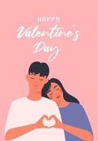 Minimalist Valentine's Day cards in boho style. Flat vector illustration of happy couple, heart from hands.