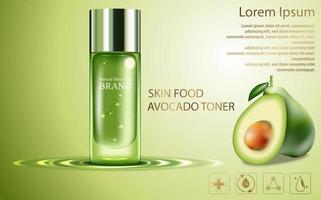 Vector illustration of Beauty cosmetic product poster, fruit avocado cream ads with silver bottle package skin care cream on sparkling green shiny background