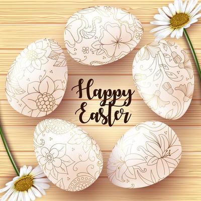 Vector illustration of Easter Card with realistic eggs on wood texture background