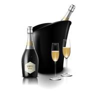 Wineglass with black wine bottles of champagne in a bucket vector