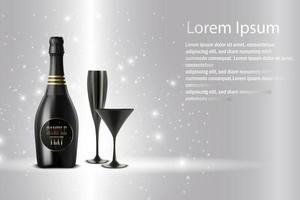 Black wine bottle with black wine glass on sparkling background vector