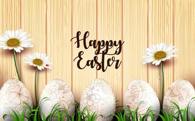 Easter background with realistic eggs and daisy flowers in the grass on wood texture background