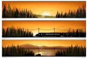 ilustración vectorial de pancartas horizontales con el tren de alta velocidad y los automóviles en el fondo del bosque paisajístico vector
