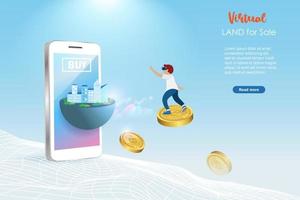 Metaverse virtual land for sale, Futuristic real estate investment, financial technology in VR world. Man riding on crypto coin flying to buy virtual land for sale on smartphone screen. vector