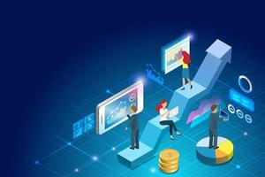 Business investment team analysing financial transaction and business growth graph on computer and gadget devices. Digital banking, financial investment in futuristic network connection technology. vector