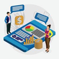 Illustration of a business chat between a man and a woman showing graphs and charts vector