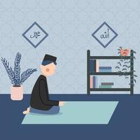 hombre musulmán rezando en la sala de estar vector