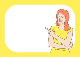 Smiling Young woman with Shorthand T-Shirt pointing finger at copy space hand drawn style, vector illustration