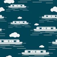 Editable Side View Narrow Boat Vector Illustration with Cloudy Sky Dark Seamless Pattern for Creating Background of Transportation or Recreation of United Kingdom or Europe Related Design