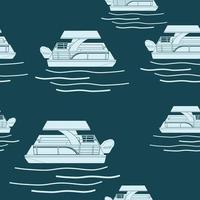 Editable Flat Monochrome Three-Quarter Top Side View Pontoon Boat Vector Illustration With Dark Background as Seamless Pattern for Creating Background of Transportation or Recreation Related Design