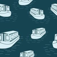 Editable Flat Three-Quarter Top Front Side Oblique View Canal Boat Vector Illustration Dark Seamless Pattern for Creating Background of Transportation or Recreation of United Kingdom or Europe