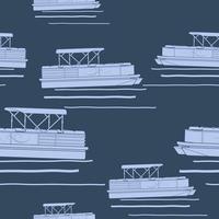 Editable Flat Monochrome Semi-Oblique Side View Pontoon Boat Vector Illustration with Dark Background as Seamless Pattern for Creating Background of Transportation or Recreation Related Design