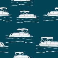 Editable Semi-Oblique Side View Pontoon Boat Vector Illustration in Flat Monochrome With Dark Background as Seamless Pattern for Creating Background of Transportation or Recreation Related Design