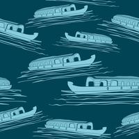 Editable Flat Monochrome Semi-Oblique View Indian Keralan Houseboat Vector Illustration on Lake Dark Seamless Pattern for Creating Background of Transportation or Recreation of Southwestern India