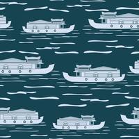 Editable Flat Monochrome Side View Indian Keralan Houseboat Vector Illustration on Calm Lake Dark Seamless Pattern for Creating Background of Recreation or Transportation of Southwestern India