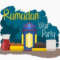 Editable Side View Dates Fruit, Sliced Bread, Turkish Tea and Coffee With Arab Lantern Vector Illustration for Ramadan Iftar Party Poster or Cafe With Middle Eastern Culture Design Concept