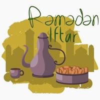 Editable Dates Fruits and Coffee on Mosque Silhouette Vector Illustration with Brush Strokes and Manual Lettering for Ramadan Iftar Party Poster or Cafe With Middle Eastern Culture Design Concept