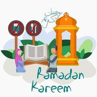 pareja musulmana editable leyendo el corán con linterna árabe, ilustración de carteles de ayuno y guión de caligrafía árabe de ramadan kareem para el concepto de diseño de momentos islámicos vector