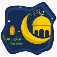 Editable Sticker Style of Mosque Silhouette with Crescent Moon, Arab Lantern, Arabic Calligraphy Script of Ramadan Kareem on Starry Night Scene Vector Illustration for Islamic Moments Design Concept