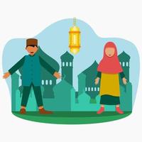 Editable Muslim Boy and Girl Standing in Front of Mosque Silhouette With Hanging Arab Lantern Vector Illustration for Ramadan Kareem, Eid Mubarak and Other Islamic Moments Design Concept