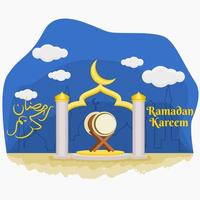 Editable Mosque Gate with Traditional Drum and Arabic Calligraphy Script of Ramadan Kareem on Cloudy Sky Background Vector Illustration for Fasting Month and Islamic Moments Design Concept
