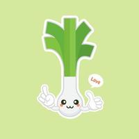 personaje de dibujos animados de cebollín lindo y kawaii. carácter de cebolletas. vector de cebolletas. cebolletas sobre fondo de color. ilustración de dibujos animados de verduras de puerro sonriente