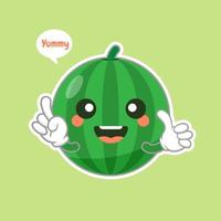 Emoticon de personaje de sandía lindo y kawaii. Fruta de verano. ilustración de emoji de personaje de sandía. Ilustración de vector de mascota divertida comida saludable en diseño plano.