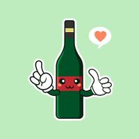 Ilustración de vector de estilo plano de personaje de dibujos animados de botella de vino lindo y kawaii. plantilla de diseño de personaje de botella de vino de vidrio sonriente funky para carta de vinos o mapa de vinos