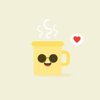 Cup kawaii emoji with cheeks and eyes. Colored beautiful doodle cups character in flat designs with cute cartoon faces. Hot coffee and tea. Vector illustration.