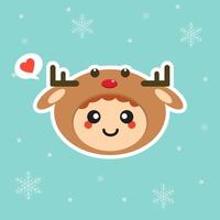 Kawaii and funny little boy dressed as deer. Cute kid in carnival costume. Merry Christmas and Happy New Year. Winter holiday. Flat vector design for greeting card, mascot, web